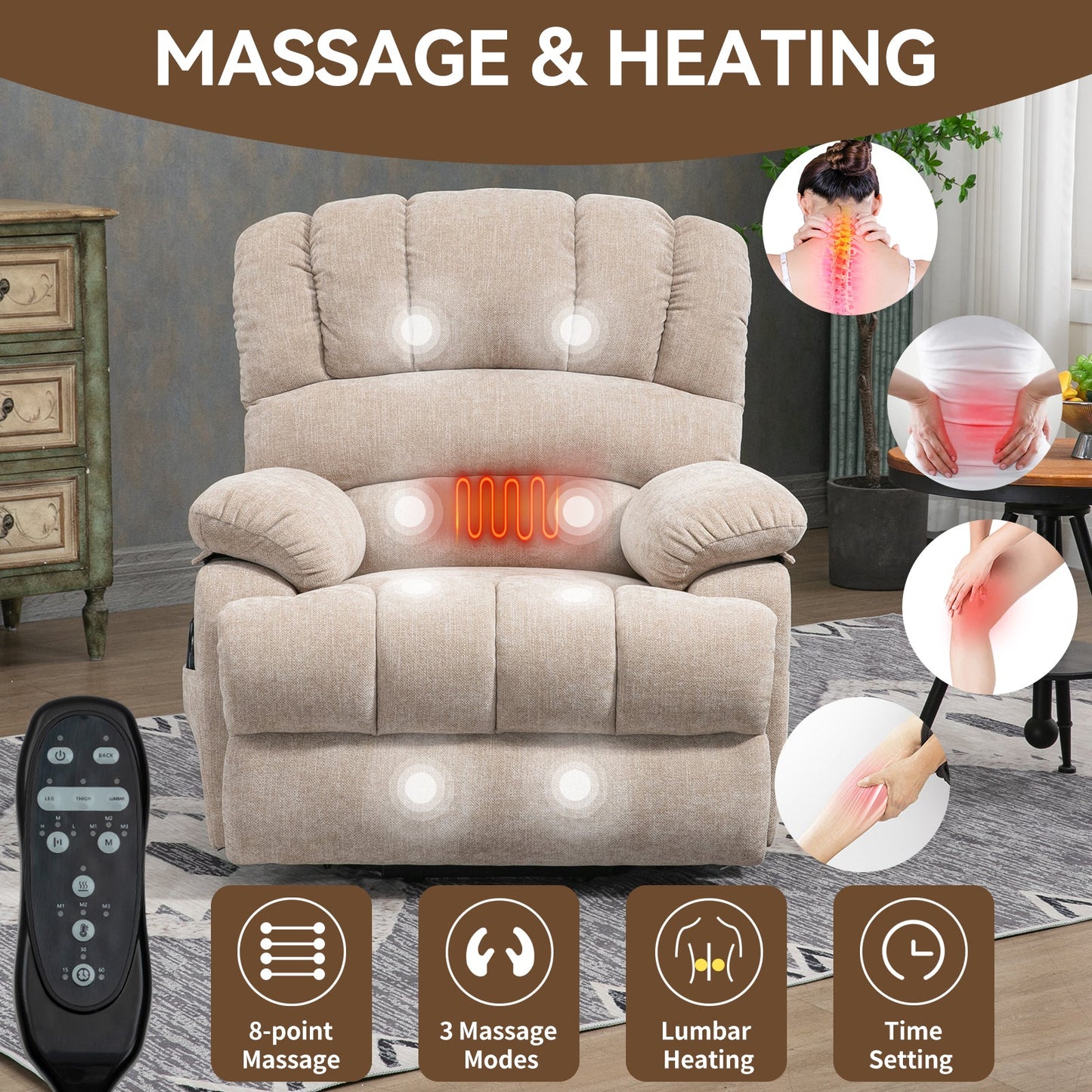 23' Seat Width and High Back Large Size Beige Chenille Power Lift Recliner Chair with 8-Point Vibration Massage and Lumbar Heating