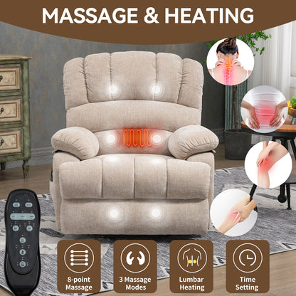 23' Seat Width and High Back Large Size Beige Chenille Power Lift Recliner Chair with 8-Point Vibration Massage and Lumbar Heating