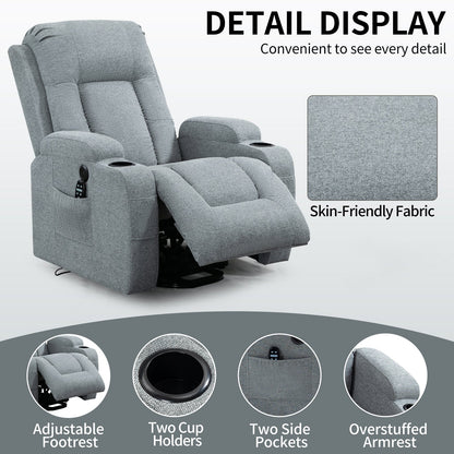 Infinite Position Single Motor Up to 350 LBS Power Lift Recliner Chair for Elderly, Heavy Duty Motion Mechanism with 8-Point Vibration Massage and Lumbar Heating, USB Charging Port, Cup Holders, Grey