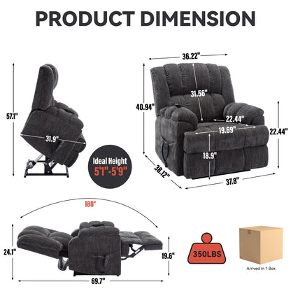 Dual Motor Heat Massage Infinite Position Up to 350 LBS Electric Power Lift Recliners with Power-Remote, Medium-firm and Heavy Duty, Grey
