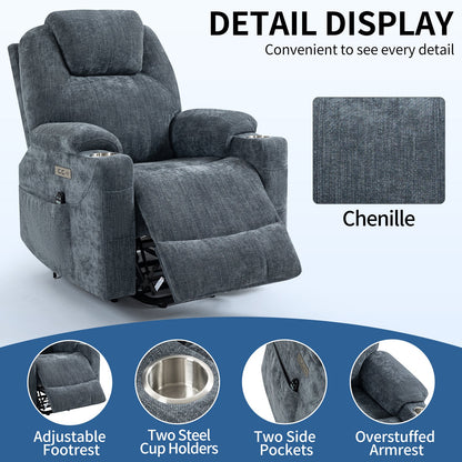 Up to 350 LBS Chenille Power Lift Recliner Chair, Heavy Duty Motion Mechanism with 8-Point Vibration Massage and Lumbar Heating, USB and Type-C Ports, Stainless Steel Cup Holders, Blue