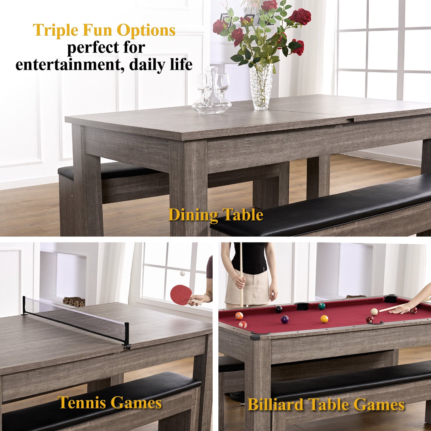6 Ft 3 in 1 Pool Table with Table Tennis and Dining Table Conversion Top, Includes All Accessories, by