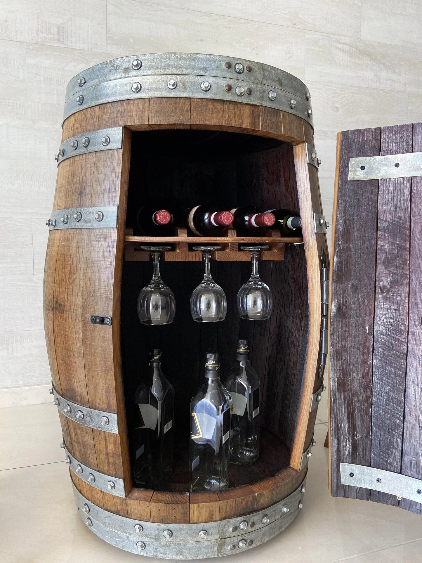 Whiskey & Wine Barrel Home Bar Set #1 — Bar Cabinet, Pub Table & Stools - Pub Set