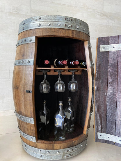 Whiskey & Wine Barrel Home Bar Set #1 — Bar Cabinet, Pub Table & Stools - Pub Set