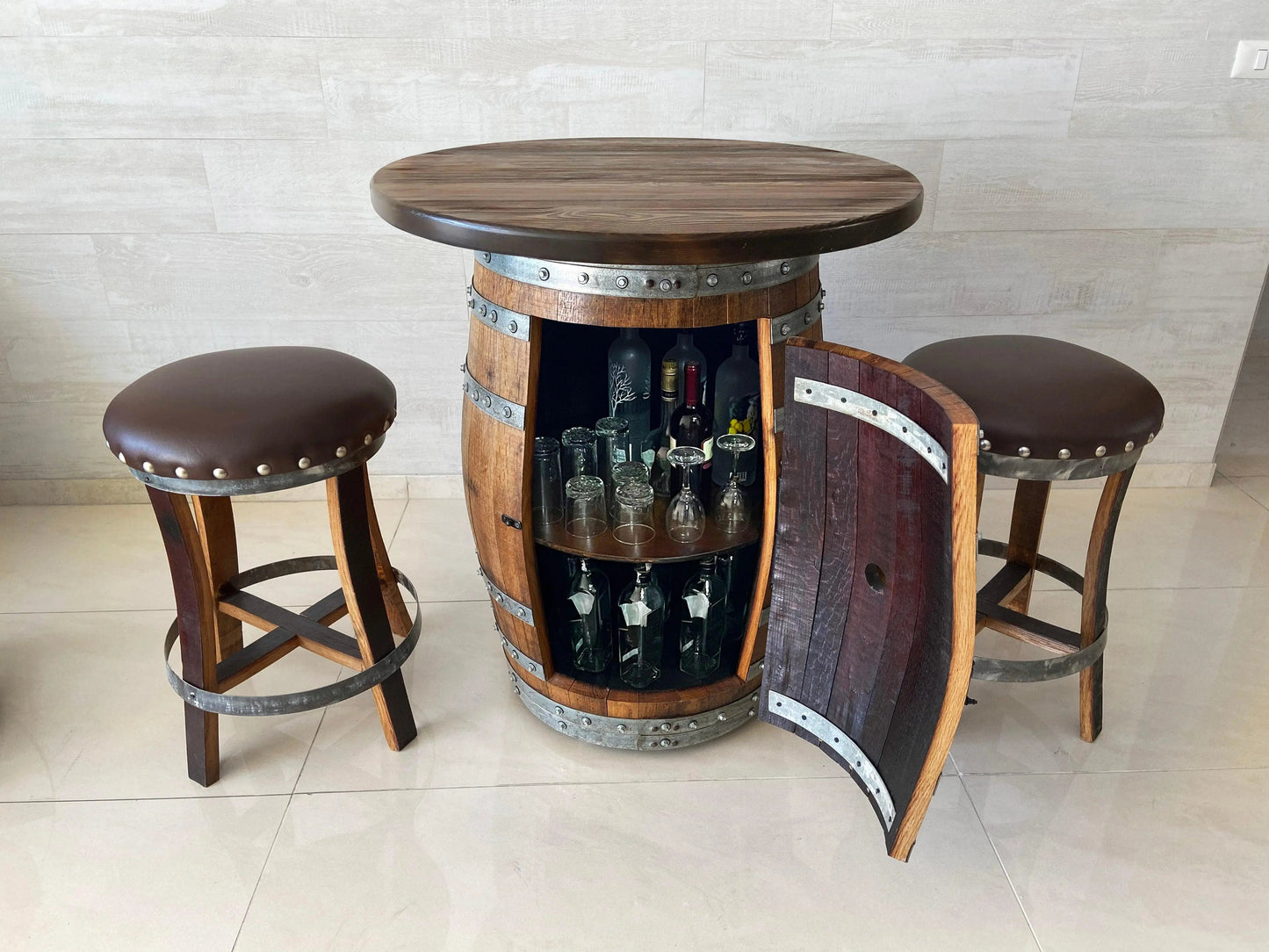 Multi-Use Whiskey & Wine Barrel Bar Set — Glass Top, Cabinet Storage Pub Set