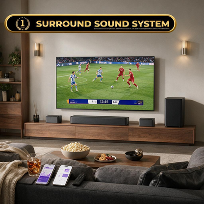 5.1 Surround Sound Bar, Virtual Surround Sound System, 350W Sound Bar for TV with Wireless Subwoofer and Rear Speakers, 3D Surround and Bass Adjustable Home Theater TV Speakers