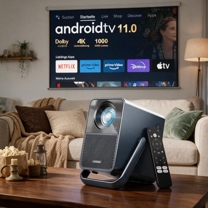 Projector 4K Supported Smart Projector with Android TV, Netflix Certified, 1000 ANSI Lumens Projector Native 1080P, Dolby Audio, Home Theater Outdoor Projector, Poseidon E40