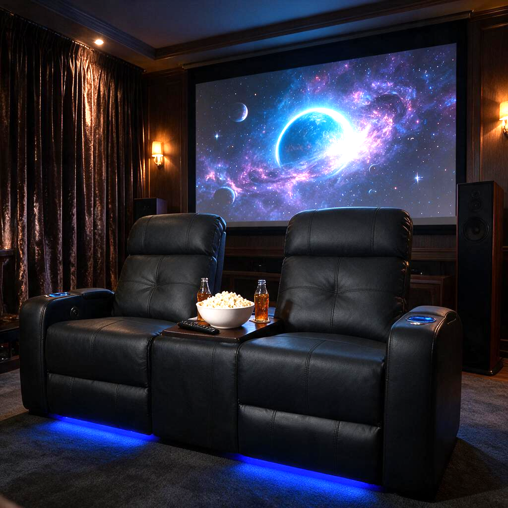 Valencia Verona Home Theater Seating | Premium Top Grain Italian 9000 Leather, Power Recliner, LED Lighting (Row of 2, Black)