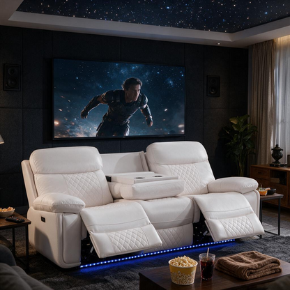 3 Seater Power Recliner Chair Sofa Set for Living Room,Faux Leather Electric White Home Theater Seating Reclining Sofa Couch with Flipped Middle Backrest,Led Light,Usb Port,Cup Holders