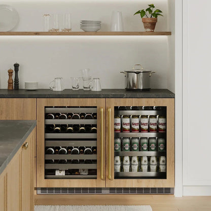 ZLINE Autograph 24 in. Dual Zone 44 Bottle Wine Cooler With Panel Ready Glass Door And Champagne Bronze Handle RWDPOZ-24-CB