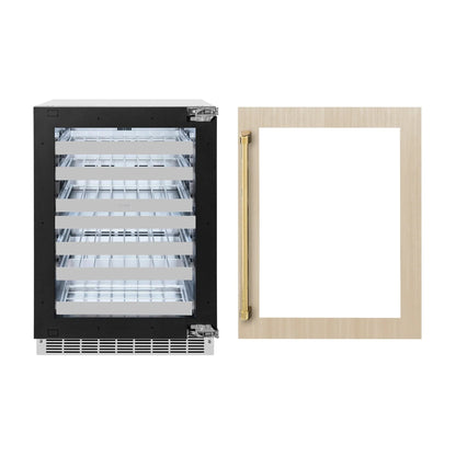 ZLINE Autograph Edition 24 in. Touchstone Dual Zone 44 Bottle Wine Cooler With Panel Ready Glass Door And Polished Gold Handle RWDPOZ-24-G